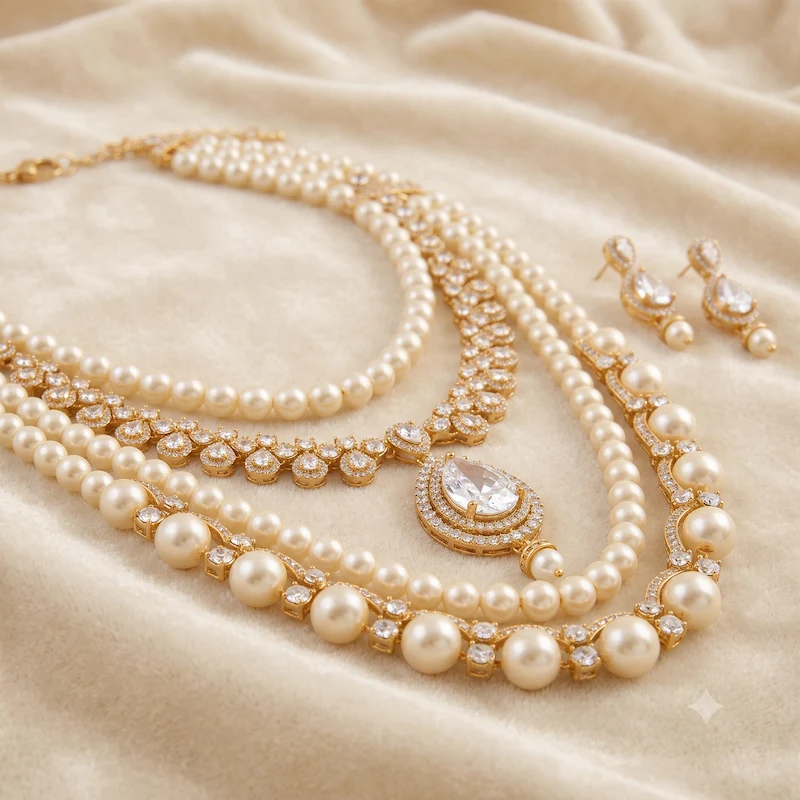 Pearl & Diamond Layered Necklace Set - Image 2