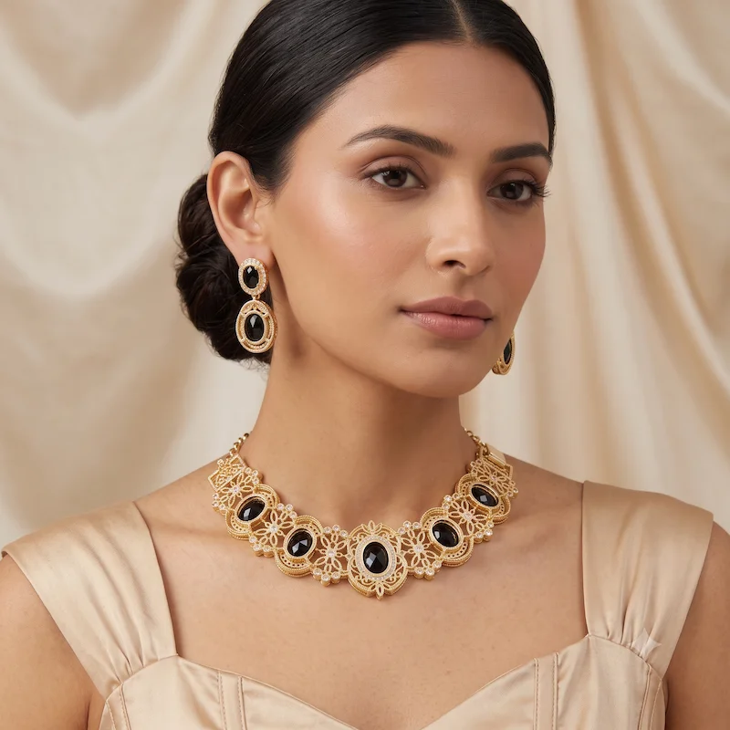 Black Onyx Diamond Choker Necklace Set - Image 5