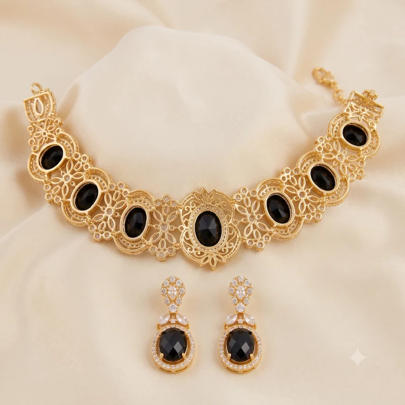 Black Onyx Diamond Choker Necklace Set - Image 2