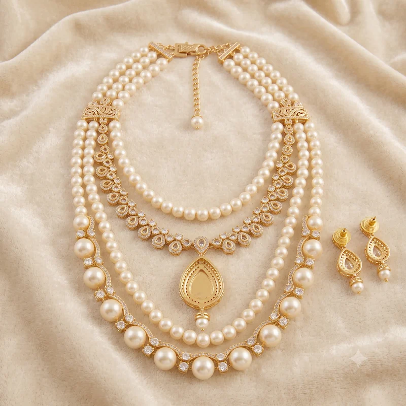 Pearl & Diamond Layered Necklace Set - Image 3