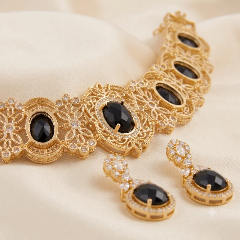 Black Onyx Diamond Choker Necklace Set - Image 3