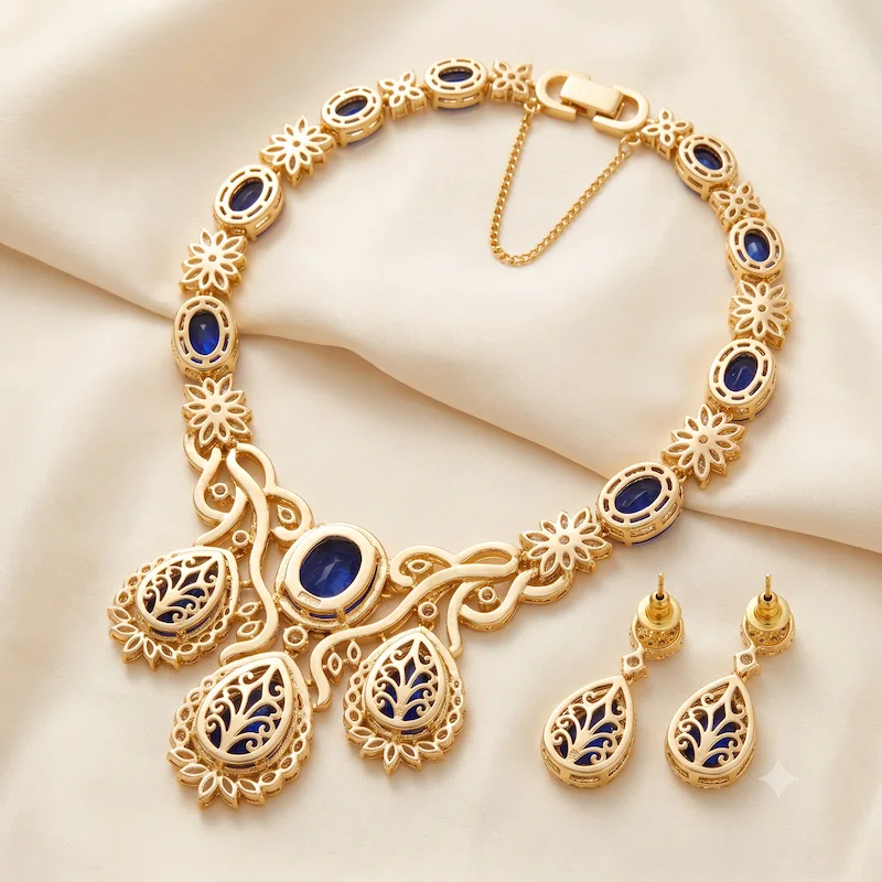 Blue Sapphire Diamond Statement Necklace Set - Image 3