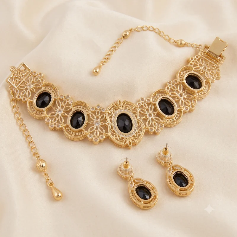 Black Onyx Diamond Choker Necklace Set - Image 4