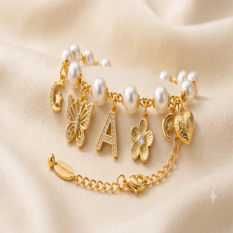 Premium Gold Tone Pearl Charm Bracelet - Image 3
