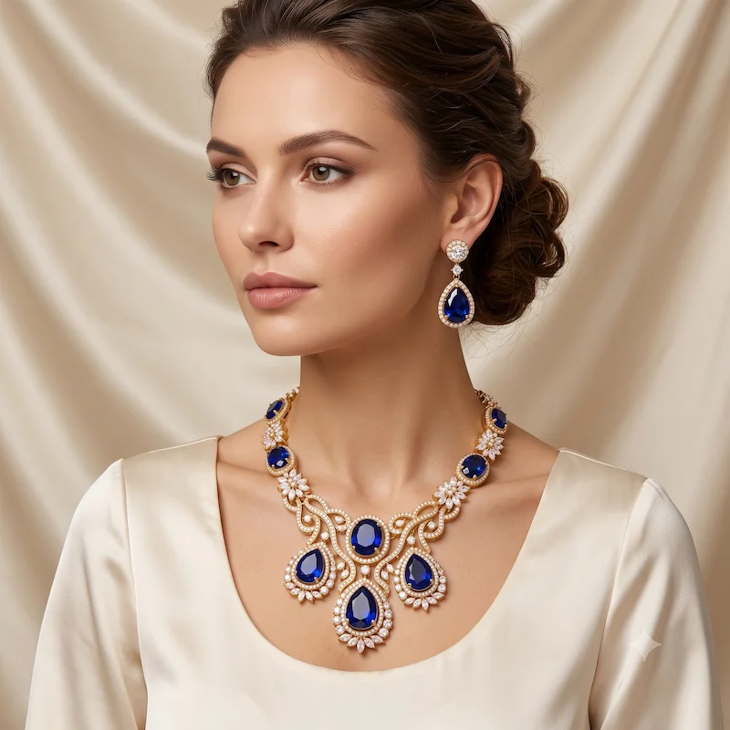 Blue Sapphire Diamond Statement Necklace Set - Image 4