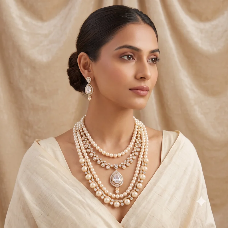 Pearl & Diamond Layered Necklace Set - Image 5