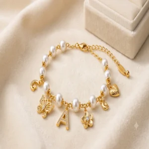 Premium Gold Tone Pearl Charm Bracelet