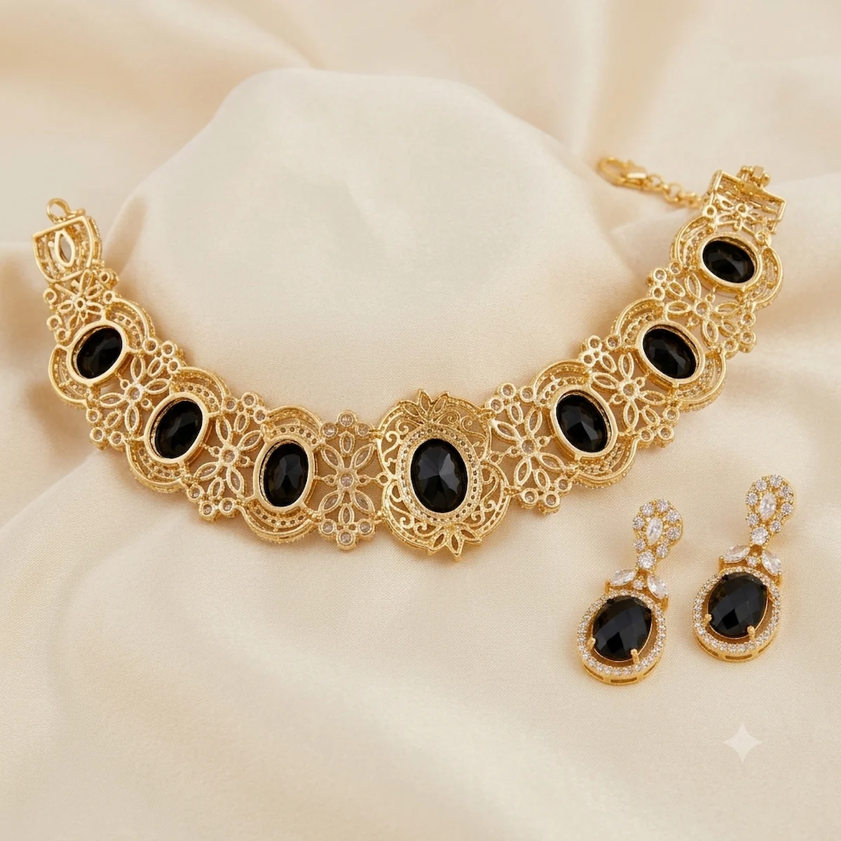 Black Onyx Diamond Choker Necklace Set artificial jewellery