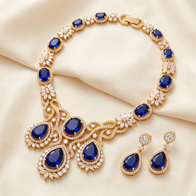 Blue Sapphire Diamond Statement Necklace Set - Image 2